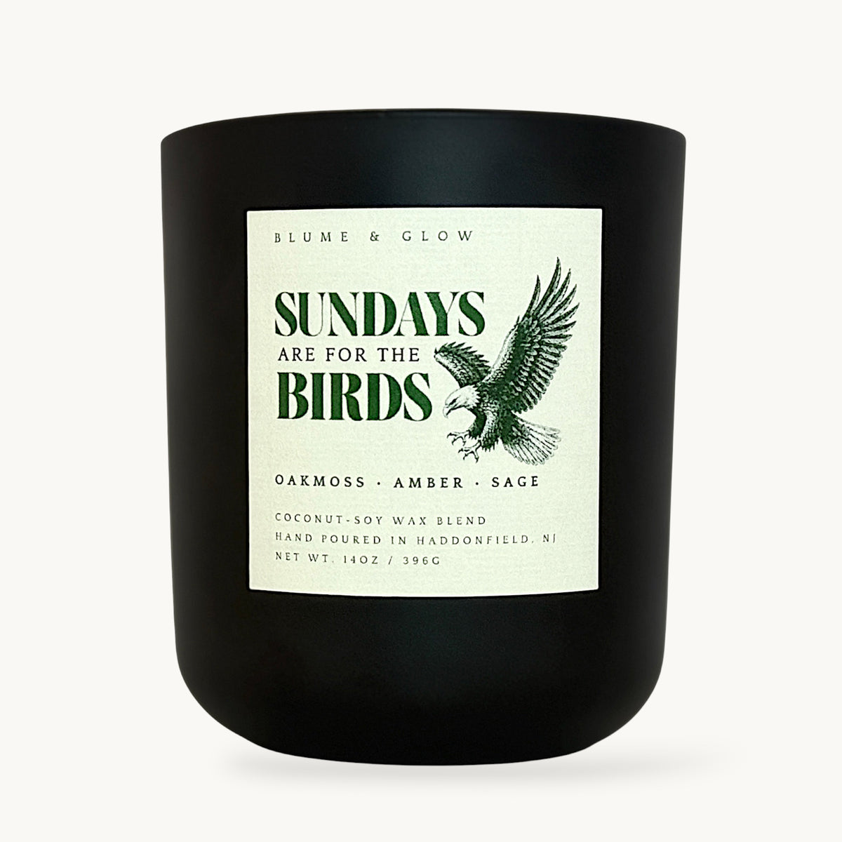 Sundays Are for the Birds Philadelphia Eagles candle by Blume & Glow with fresh earthy amber scent and wooden wick