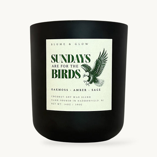 Sundays Are for the Birds Philadelphia Eagles candle by Blume & Glow with fresh earthy amber scent and wooden wick