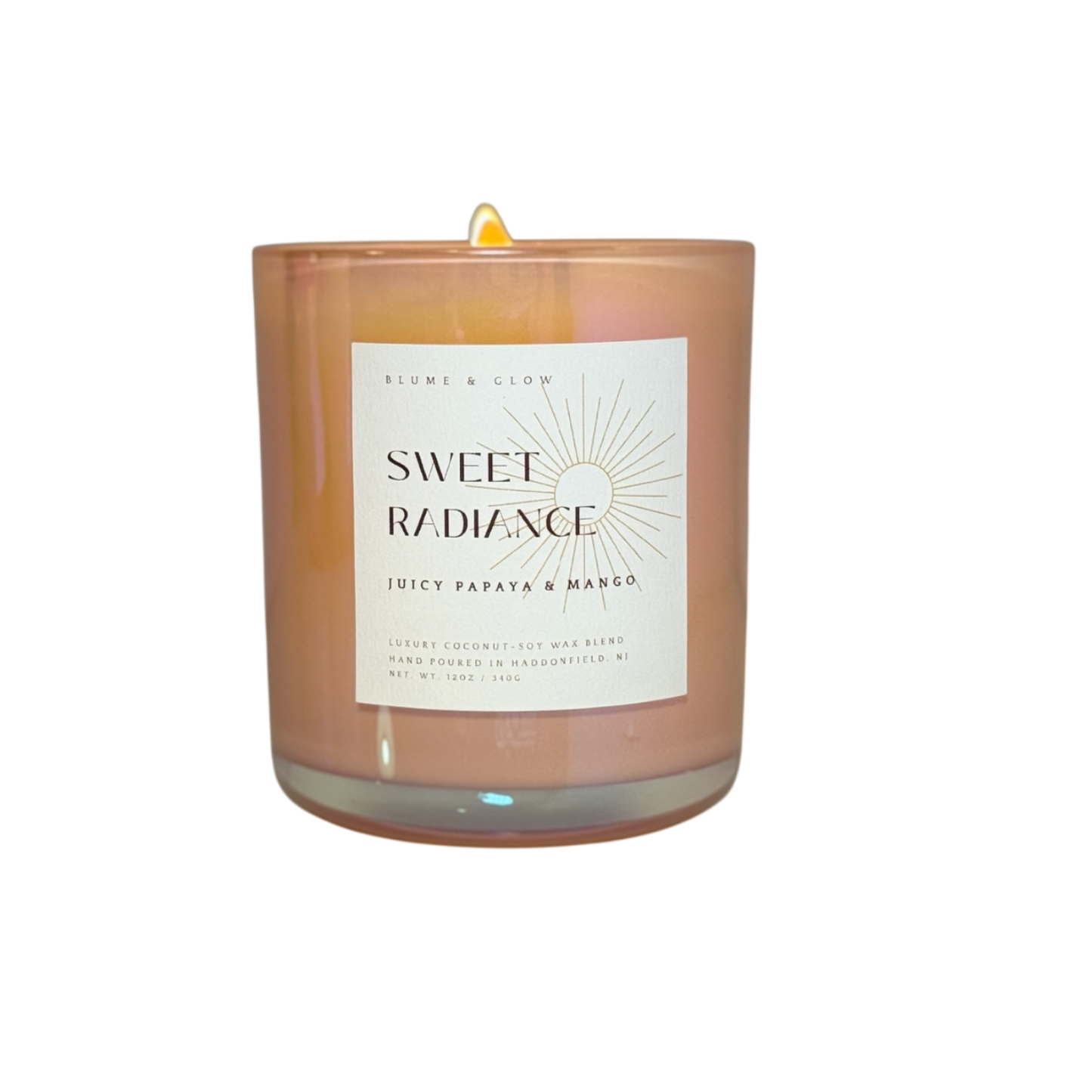 Sweet Radiance tropical mango papaya wooden wick candle.