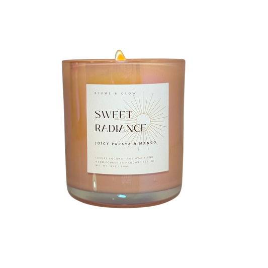 Sweet Radiance tropical mango papaya wooden wick candle.