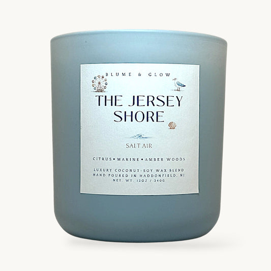 The Jersey Shore candle by Blume & Glow with fresh coastal citrus scent, wooden wick, and luxury coconut-soy wax blend