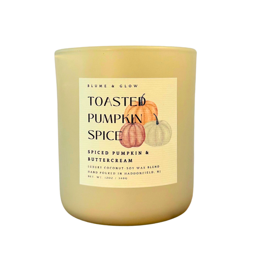 Blume & Glow Toasted Pumpkin Spice candle with wooden wick in cream jar