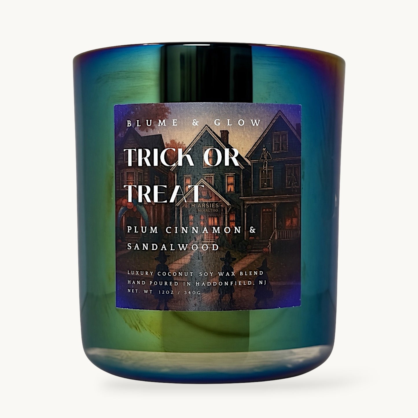 Trick or Treat Haddonfield Halloween candle by Blume & Glow with autumn leaves plum and smoky sandalwood scent and wooden wick