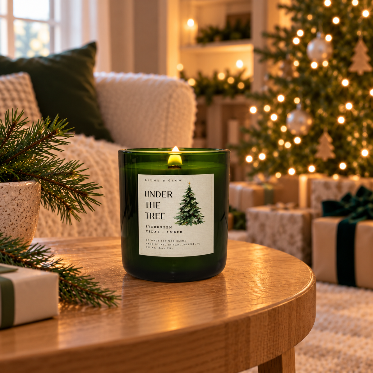 Under the Tree classic Christmas tree candle by Blume & Glow burning on a holiday setting with evergreen scent
