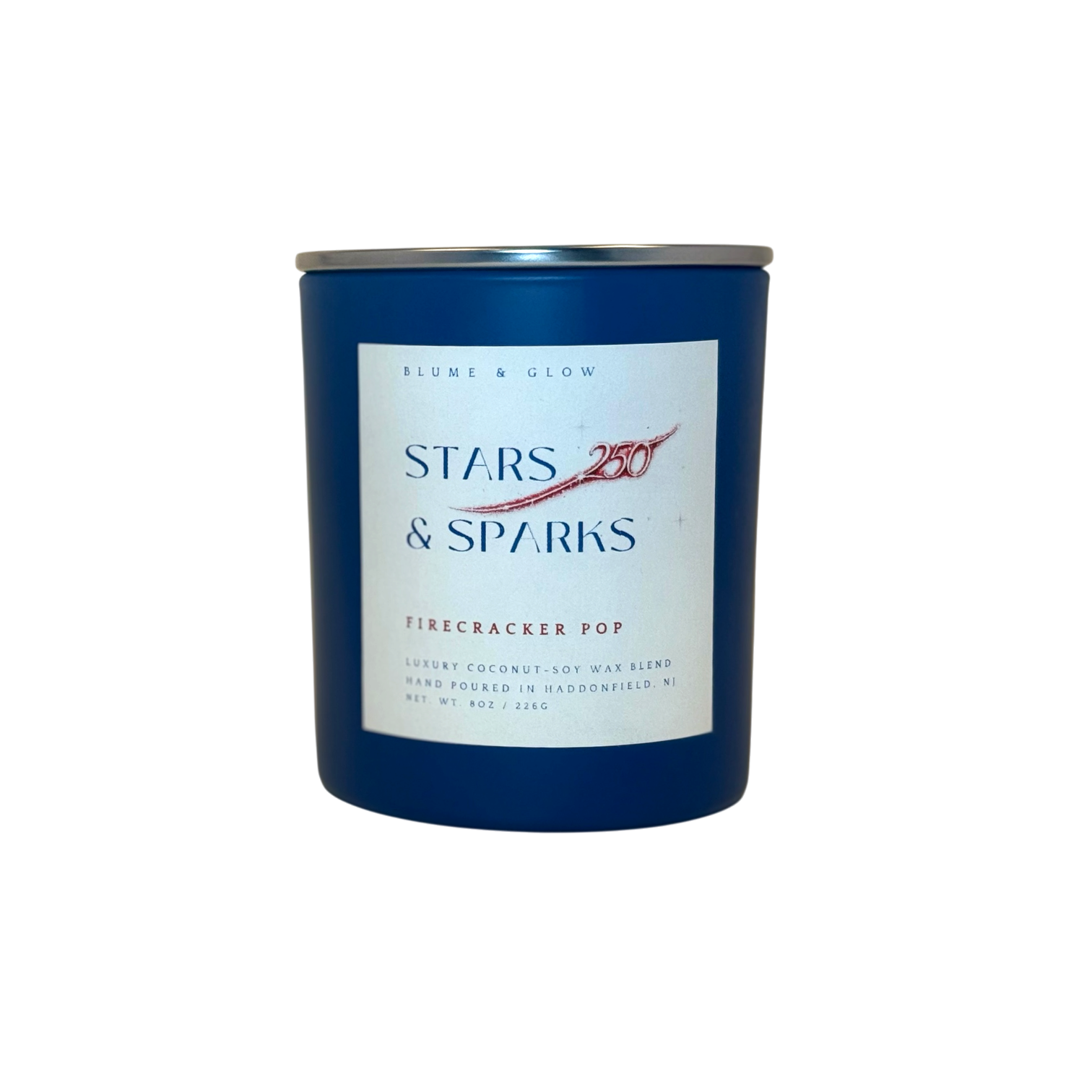 Stars & Sparks America 250 candle by Blume & Glow in a red white and blue patriotic design with Firecracker Popsicle fragrance and wooden wick